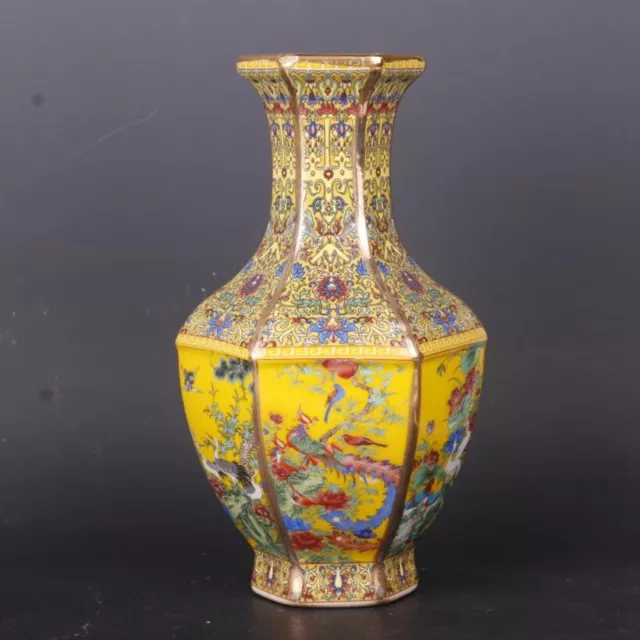 Old Chinese porcelain Enamel color Hand Painted Flower bird Six parties vase 891