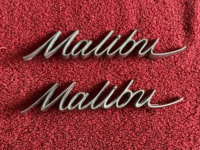 Pair of 1966 1967 Chevy Malibu Chrome Script Emblem Badge Ornament # 7660545 Pair of 1966 1967 Chevy Malibu Chrome Script Emblem Badge Ornament # 7660545