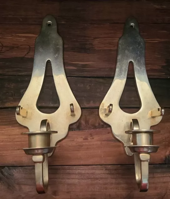 Set of 2 Vintage MCM Solid Brass Wall Mount Sconce Candle & Plate Holders