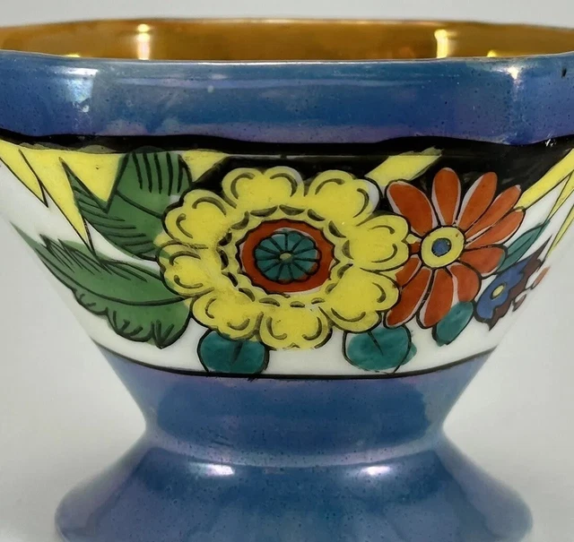Vintage Lusterware Footed Bowl, Peach Blue Floral, Hand-Painted, Japan  5” Diam