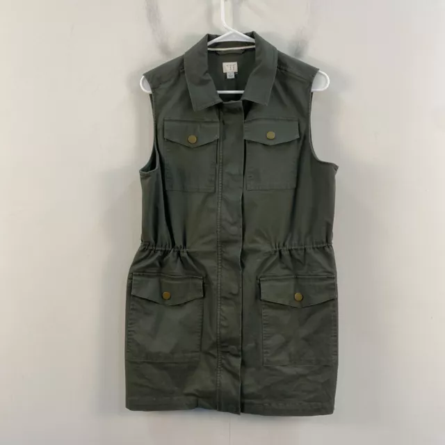 A New Day Womens Large Vest Top Cotton Woven Rope Cinch Waist Green Zip Pockets