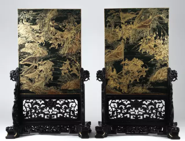 Pair Stunning Chinese Qing Dynasty Gilt and Silvered Spinach Jade Table Screens