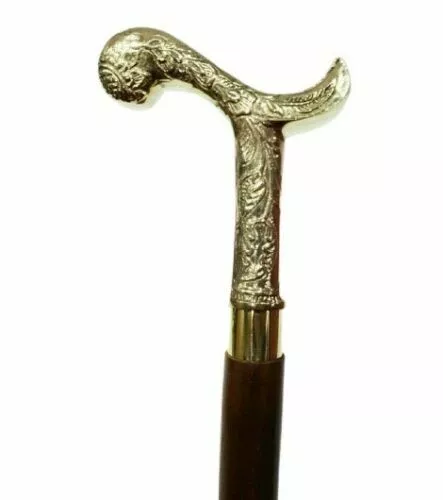 Vintage Style Victorian Wooden Walking Stick Raven Head Handle Solid Brass Cane