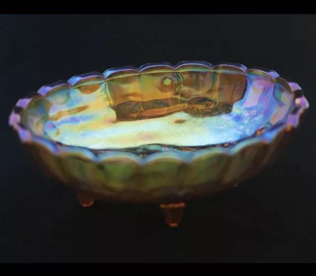 Indiana Iridescent Carnival Glass Fruit Bowl Oval Harvest Grape Amber Footed VTG