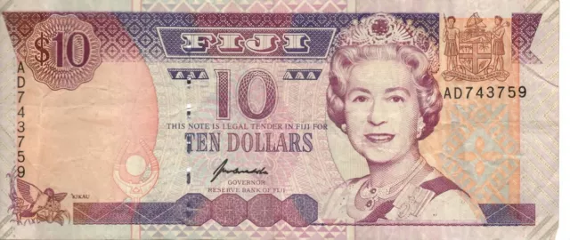 Fiji Ten Dollars ($10) 1996 Circulated Banknote Good Condition World Paper Money