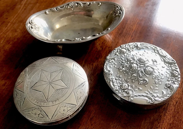 Job Lot Antique / Vintage sterling silver compacts pin dish