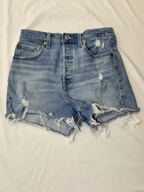 Levi’s Ribcage High Rise Button Fly Cut Off Denim Shorts Woman SZ 28 Distressed
