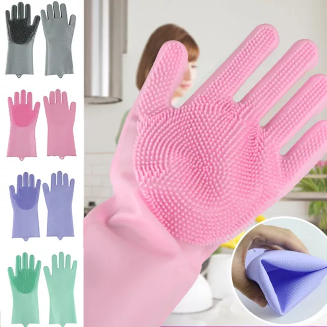 1 Pair Magic Silicone Rubber Dish Washing Gloves 2 in1 Cleaning Scrubbing*US ↖