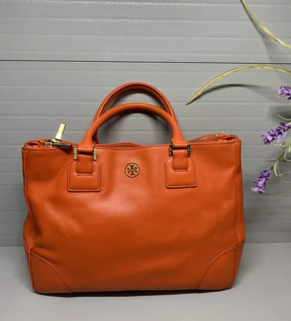 Tory Burch Robinson Double Top Zip Satchel Orange Leather Handbag