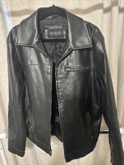 Guess Men's Size L Black Vegan Faux Leather Full Zip Bomber Jacket