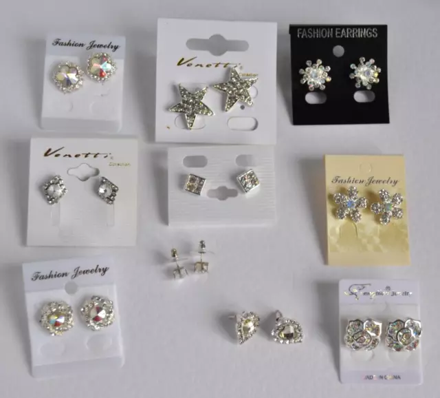 Job lot stud earrings bundle. 10 pairs. Clear/AB Crystal/diamante. Wedding/Party