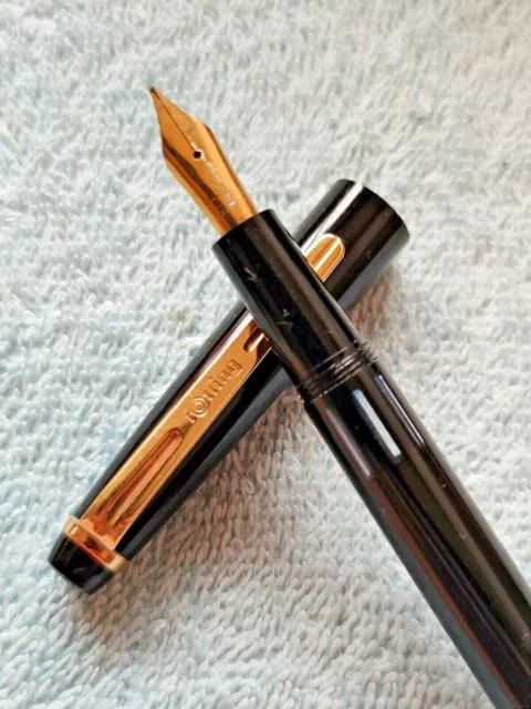 🔴Vintage ROTRING Piston Filler Fountain pen -Black Gold Plated M nib 鋼筆   万年筆🔴