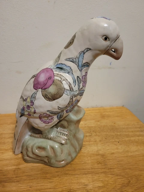 Vintage WBI China Parrot Ceramic Handpainted Bird Pottery Figure Floral Plum 10"