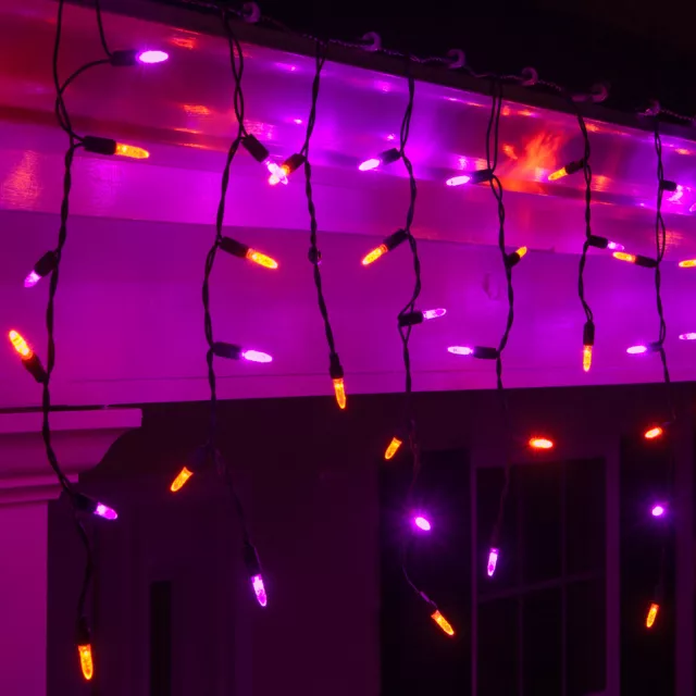 70 LED Halloween Icicle Lights Purple Orange Black Wire 7.5ft. Home Party Decor