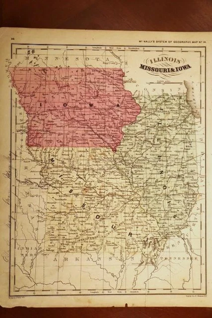 1872 Rare Antique Mcnally Atlas Map-Illinois, Missouri, & Iowa-United States