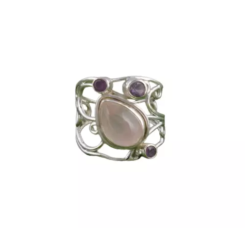 925 Solid Sterling Silver Natural Rose Quartz & Amethyst  Handmade Ring, Gift