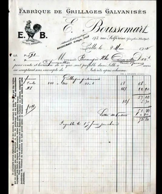 LILLE (59) USINE de GRILLAGES galvanisés "E. BOUSSEMART" Facture en 1912
