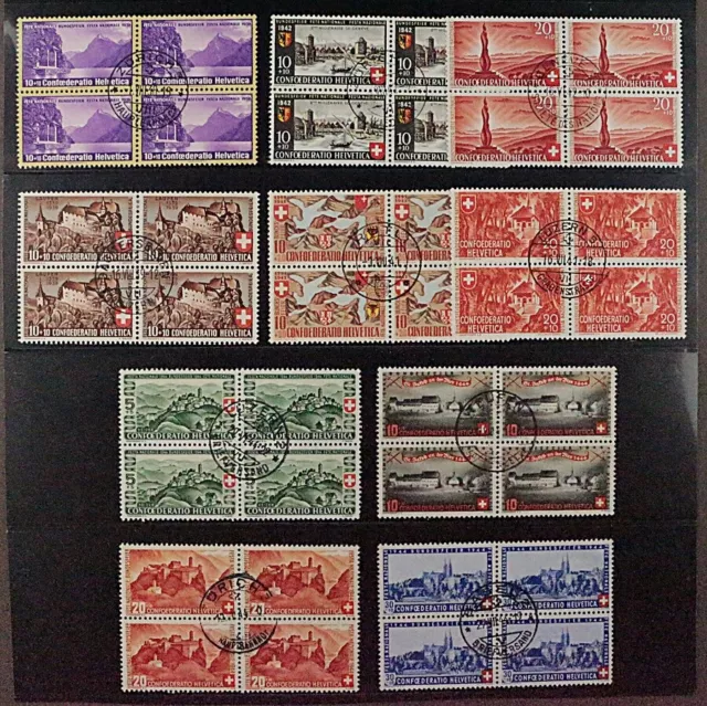 SCHWEIZ, VIERERBLOCK Patria 1938-44 kpl (SBK B1-25) Zentrum-Stempel, 260,-SFr