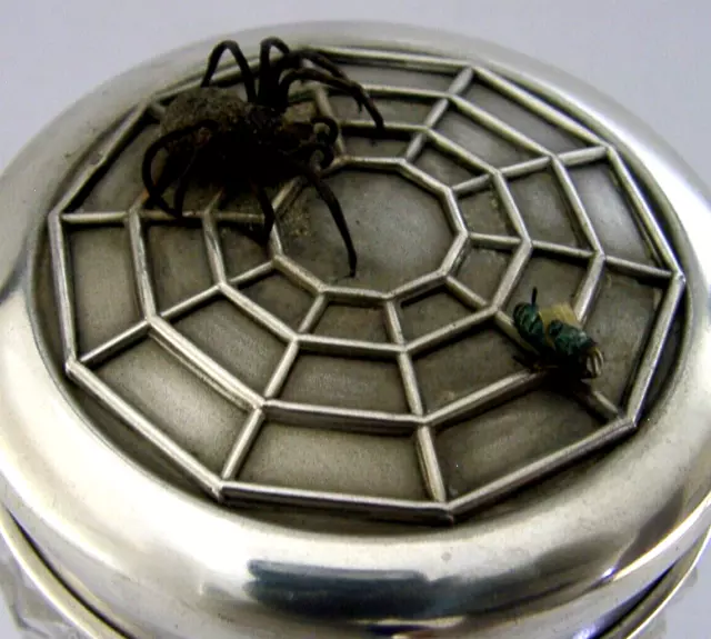 Rare Antique Sterling Silver Glass Halloween Spider Fly Table Box Pot 1910