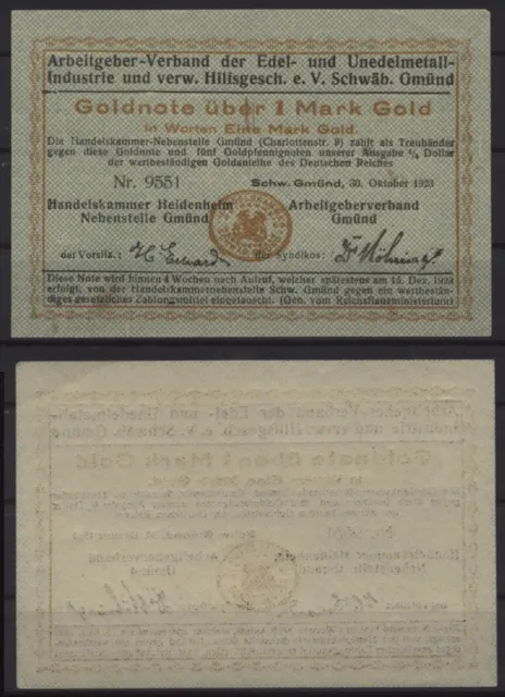 [27201] - GOLD-NOTGELD SCHWÄBISCH GMÜND, Arbeitgeberband Edelmetall etc., 1 Mark