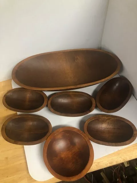 Vintage MCM  Wooden oblong shape  Bowl Set of Salad 18" Serving  6  Small 6.5"