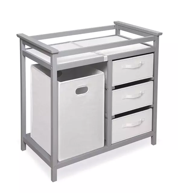 Modern Baby Changing Table with Laundry Hamper, 3 Storage Drawers, and Pad - Gra