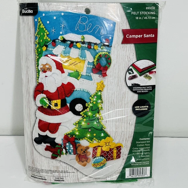 Nuevo kit de medias de fieltro Bucilla cámper luces LED Santa 18" de largo 89303E