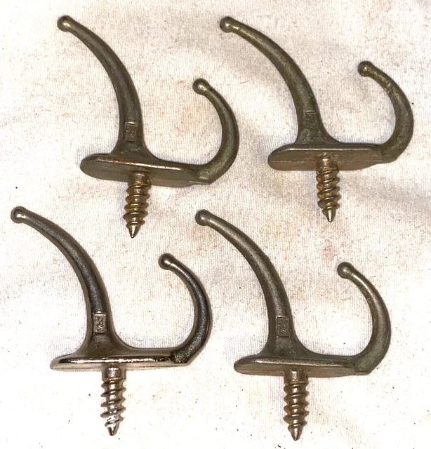 4 Small GR GRc Silver Colored Double Key Hat Hooks Solid Brass Antique  1-3/8" 3