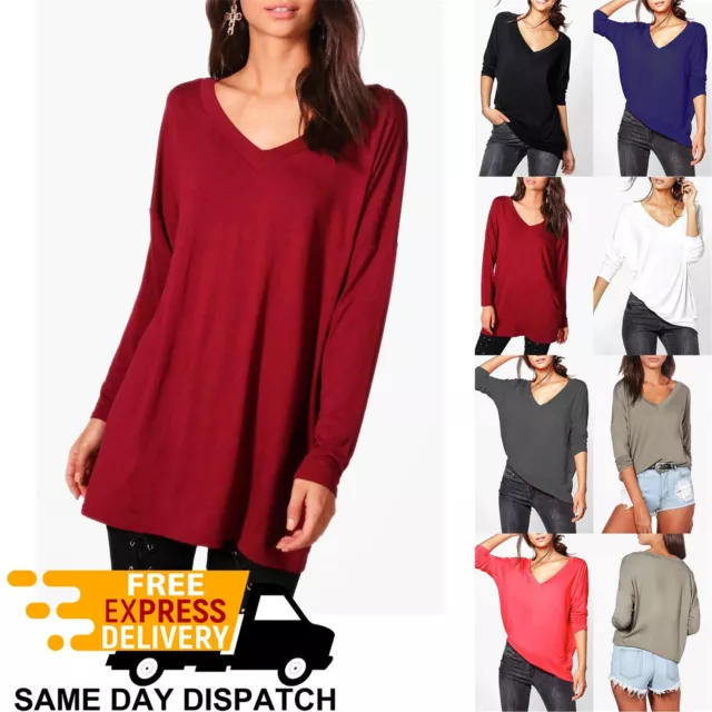 Women Long Sleeve Baggy Loose Fit Deep V Neck Oversize  Plain Ladies T Shirt Top