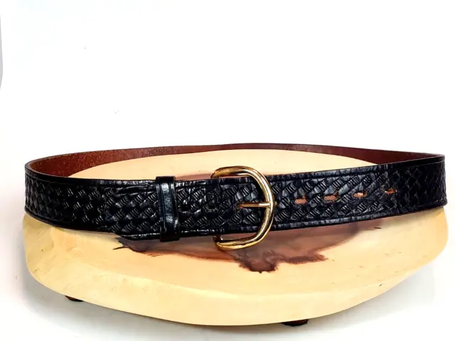 Vintage Western Hand Stitched Black Genuine Leather Basketweave Belt Size 34