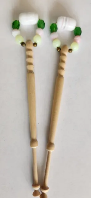 Set of 2 Carved Wood Spangled Lace Bobbins with Glass Beads