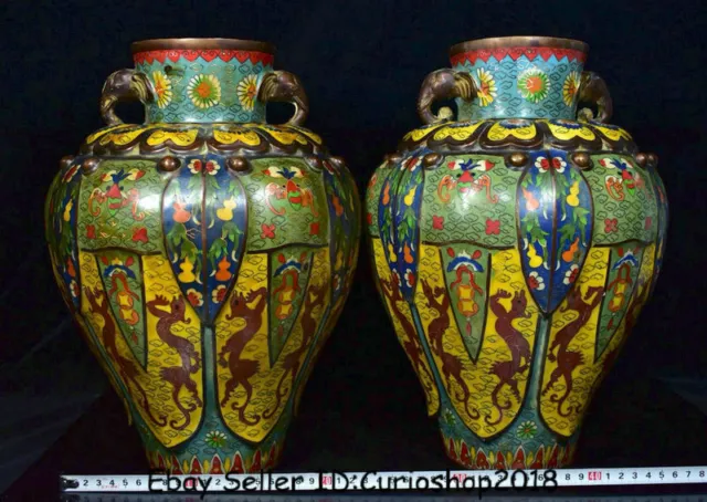 13.2"Qianlong Marked Old Chinese Cloisonne Enamel Bronze Dragon Bottle Vase Pair