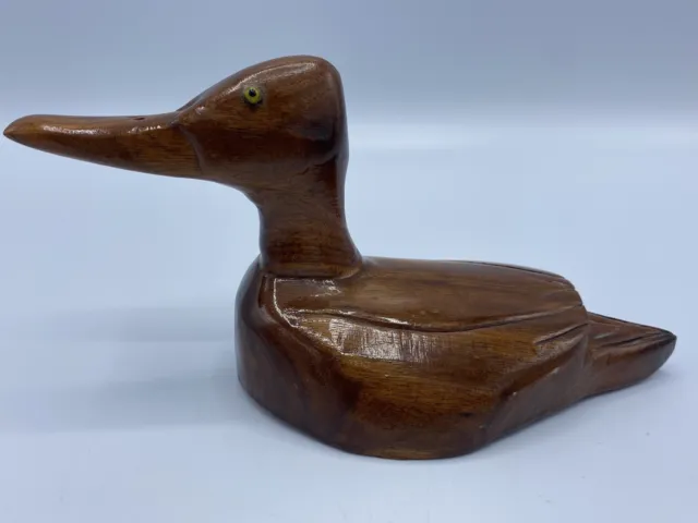 Vintage Hand Carved Duck Decoy Wood Wooden Signed 8” Long Folk Lodge Cabin Art