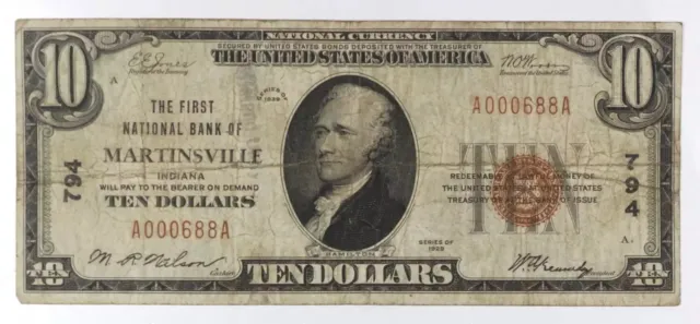 1929 Ty. I $10 The First National Bank of Martinsville, Indiana Charter 794