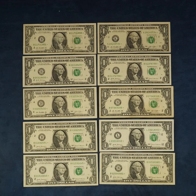 Lot of 10 $1 Federal Reserve Star Notes - Free Shipping USA