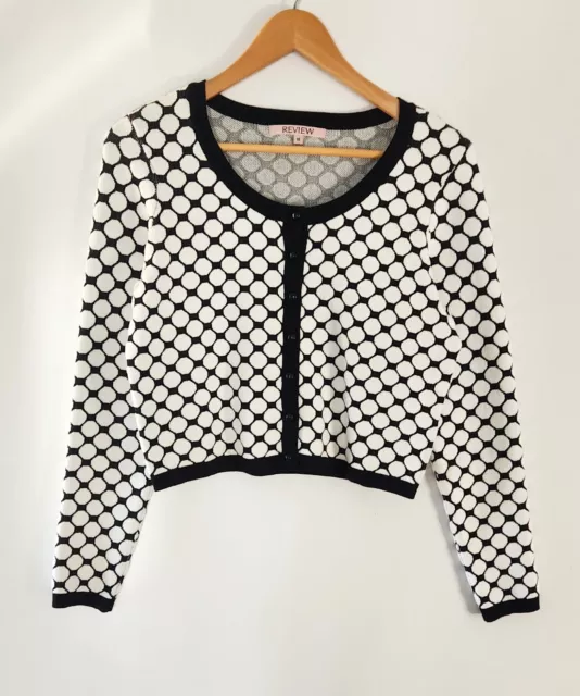 REVIEW Size 12 Black & White Spotted Crop Knit Cardigan