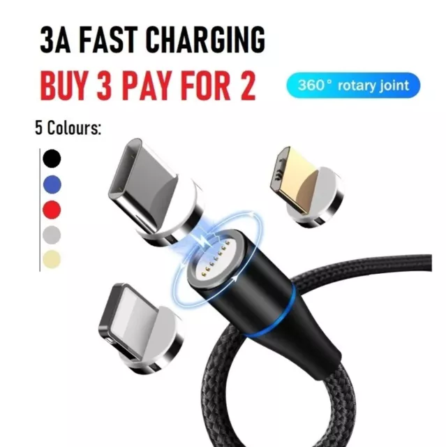 3 in 1 Magnetic USB Cable 3A FAST Charging Charger Sync Phone Type-C Micro & iOS