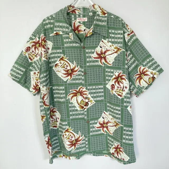 Sun Surf Japan XL Aloha Hawaiian Shirt Coconut Tree Squares Green SS37459 2017