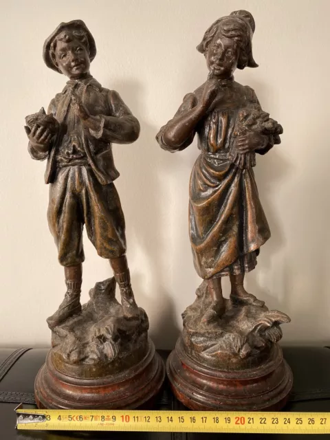 Antique French Bronzed Spelter Figures of Boy and Girl circa 1880 - 1890s 19th C