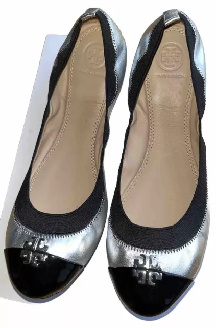 TORY BURCH Jolie Silver Ballet Flats Patent Liquid Gloss Black Shoes-Size 9M-EUC