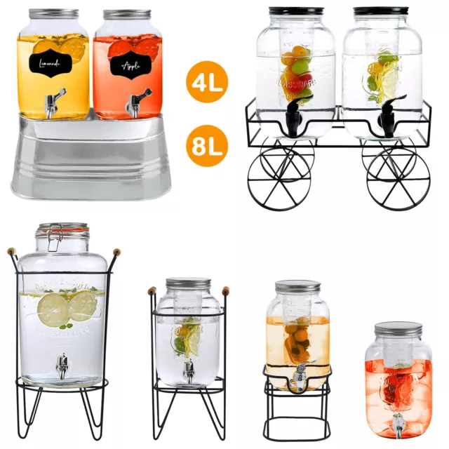 4L/8L Glass Vintage Beverage Drinks Dispenser on Metal Stand Cocktail Jar & Tap