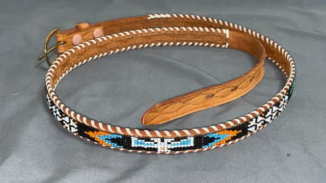 Vintage Native American Indian design HAND BEADED Leather Cowhide BELT skinny 38