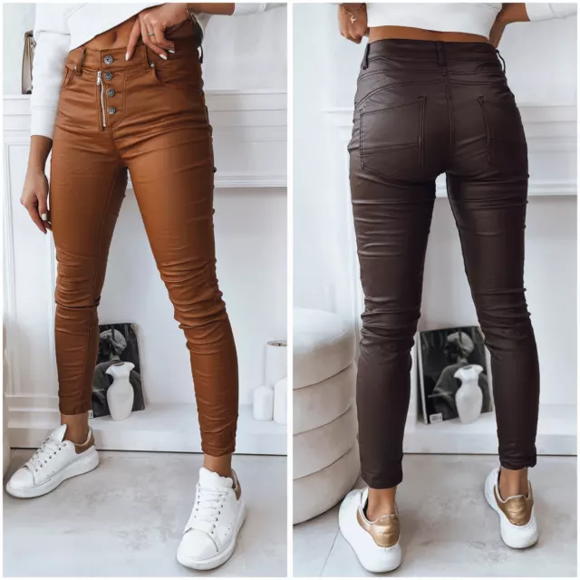 Womens Super Skinny PU Fit High Waist Leather Wet Look Ripped Jeans Trousers  4 6