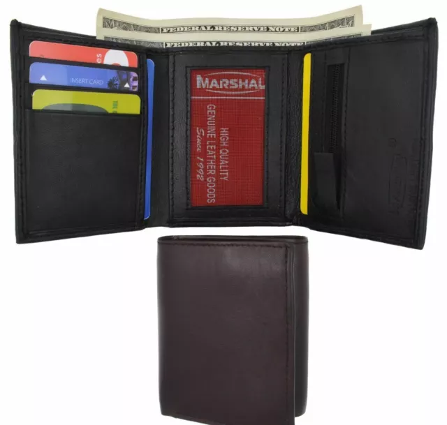 Mens Trifold Leather Credit Card Holder Wallet W/ Zippered Pockets & ID Window 3