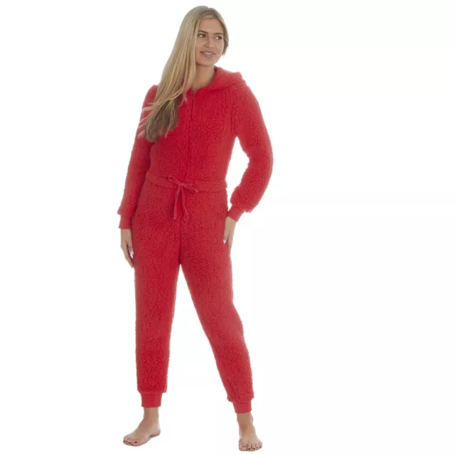 Ladies Girls Sherpa Fleece All In One Jumpsuit Pyjamas Loungewear Papaya
