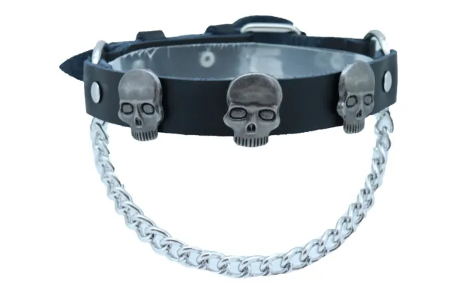 Men Biker Silver Chain Pair Black Color Boots Bracelets 2 Straps Skull Charms