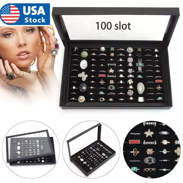 100 Slots Jewelry Ring Display Organizer Case Tray Holder Earring Storage Box