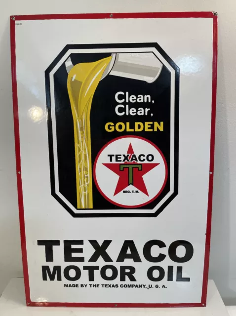 Texaco Golden Motor Oil Gas Station Heavy Metal Porcelain Sign Vintage 26x17”
