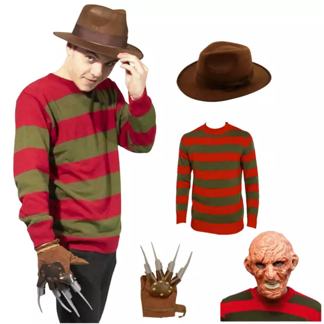 Kids Mens Boys Freddy Krueger Costume Halloween Horror Fancy Dress 3-Piece Set