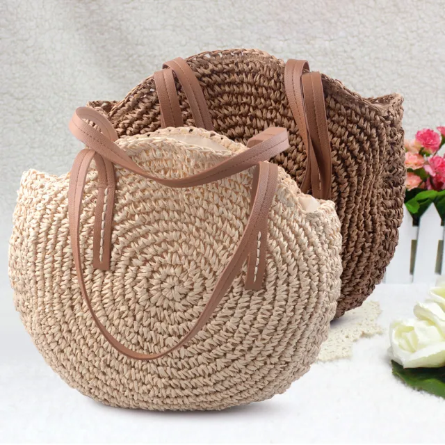 New Bohemia Round Rattan Straw Satchel Weaving Bag Handbag v